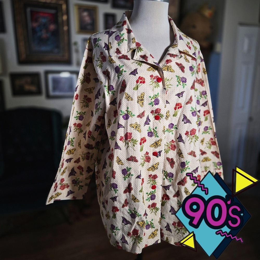 Vintage 90s Style Butterfly and Floral Print Button Down Shirt Cream Long Sleeve